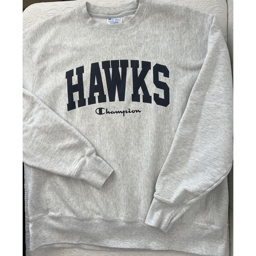 Champion Reverse Weave Sweatshirt Mens XL Gray HAWKS Spellout Crewneck